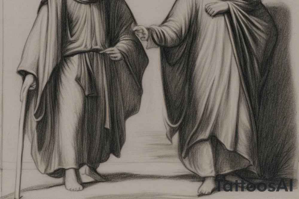The man is dressed in simple clothes that are typical of the first century. He is wearing a long tunic, a hooded thick cloak, and sandals. His wears a tunica with a white fabric around this head. He is holding a thick staff in his left hand and is walking to the left. The background is blank.

The drawing is done in black lines on a blank background. The lines are simple and delicate, and they capture the man's thin, wiry frame. He seems to be lost in thought as he walks to the left.

The drawing has a sense of timelessness. The man's clothes and hairstyle are typical of the first century, but the drawing could have been made any time in the past 2,000 years. The blank background also contributes to the sense of timelessness. The man is walking facing the left. tattoo idea