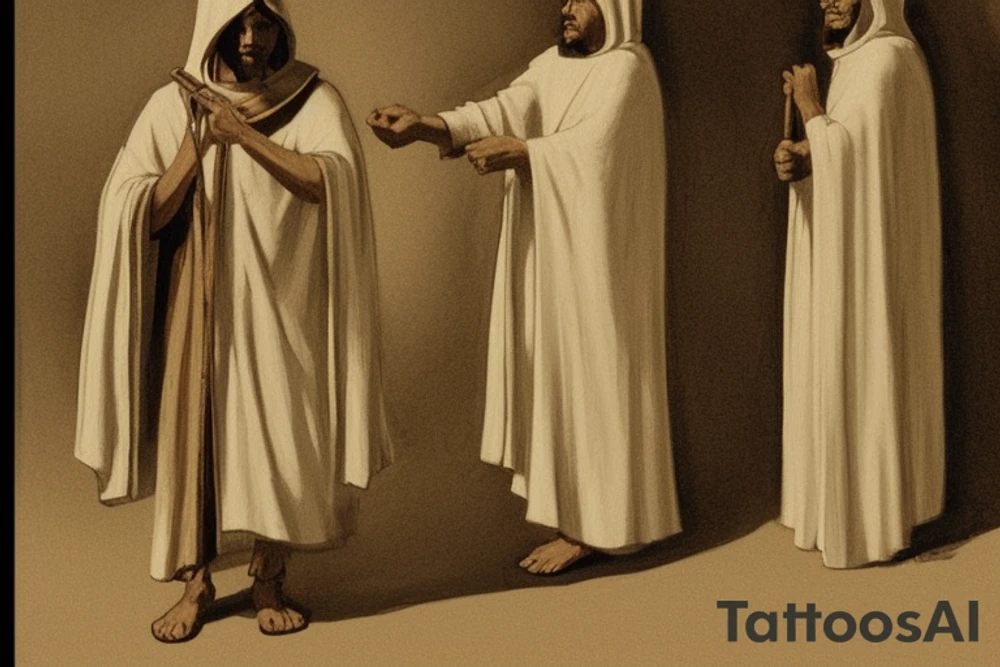 The man is dressed in simple clothes that are typical of the first century. He is wearing a long tunic, a hooded thick cloak, and sandals. His wears a tunica with a white fabric around this head. He is holding a thick staff in his left hand and is walking to the left. The background is blank.

The drawing is done in black lines on a blank background. The lines are simple and delicate, and they capture the man's thin, wiry frame. He seems to be lost in thought as he walks to the left.

The drawing has a sense of timelessness. The man's clothes and hairstyle are typical of the first century, but the drawing could have been made any time in the past 2,000 years. The blank background also contributes to the sense of timelessness. The man is walking facing the left. tattoo idea