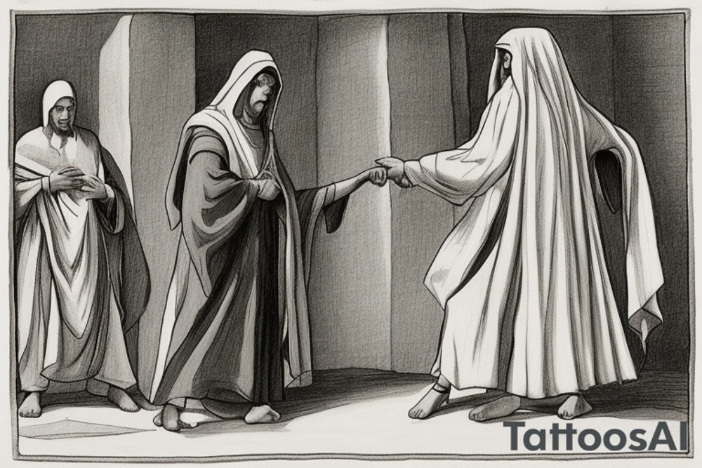 The man is dressed in simple clothes that are typical of the first century. He is wearing a long tunic, a hooded thick cloak, and sandals. His wears a tunica with a white fabric around this head. He is holding a thick staff in his left hand and is walking to the left. The background is blank.

The drawing is done in black lines on a blank background. The lines are simple and delicate, and they capture the man's thin, wiry frame. He seems to be lost in thought as he walks to the left.

The drawing has a sense of timelessness. The man's clothes and hairstyle are typical of the first century, but the drawing could have been made any time in the past 2,000 years. The blank background also contributes to the sense of timelessness. The man is walking facing the left. tattoo idea