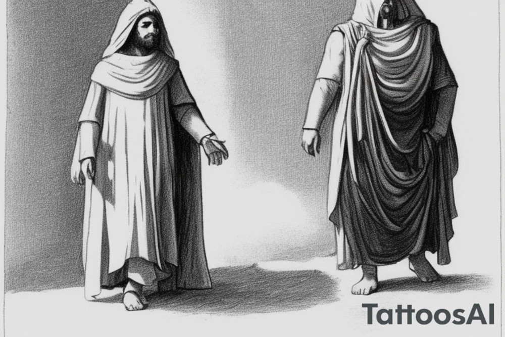 The man is dressed in simple clothes that are typical of the first century. He is wearing a long tunic, a hooded thick cloak, and sandals. His wears a tunica with a white fabric around this head. He is holding a thick staff in his left hand and is walking to the left. The background is blank.

The drawing is done in black lines on a blank background. The lines are simple and delicate, and they capture the man's thin, wiry frame. He seems to be lost in thought as he walks to the left.

The drawing has a sense of timelessness. The man's clothes and hairstyle are typical of the first century, but the drawing could have been made any time in the past 2,000 years. The blank background also contributes to the sense of timelessness. The man is walking facing the left. tattoo idea