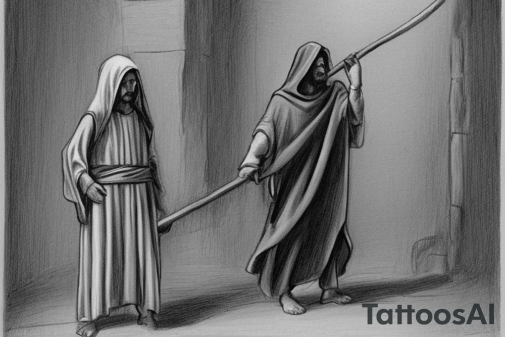 The man is dressed in simple clothes that are typical of the first century. He is wearing a long tunic, a hooded thick cloak, and sandals. His wears a tunica with a white fabric around this head. He is holding a thick staff in his left hand and is walking to the left. The background is blank.

The drawing is done in black lines on a blank background. The lines are simple and delicate, and they capture the man's thin, wiry frame. He seems to be lost in thought as he walks to the left.

The drawing has a sense of timelessness. The man's clothes and hairstyle are typical of the first century, but the drawing could have been made any time in the past 2,000 years. The blank background also contributes to the sense of timelessness. The man is walking facing the left. tattoo idea