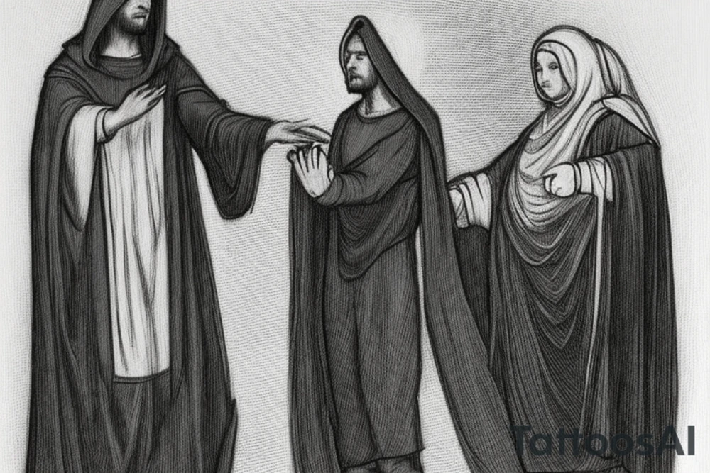 The man is dressed in simple clothes that are typical of the first century. He is wearing a long tunic, a hooded thick cloak, and sandals. His wears a tunica with a white fabric around this head. He is holding a thick staff in his left hand and is walking to the left. The background is blank.

The drawing is done in black lines on a blank background. The lines are simple and delicate, and they capture the man's thin, wiry frame. He seems to be lost in thought as he walks to the left.

The drawing has a sense of timelessness. The man's clothes and hairstyle are typical of the first century, but the drawing could have been made any time in the past 2,000 years. The blank background also contributes to the sense of timelessness. The man is walking facing the left. tattoo idea