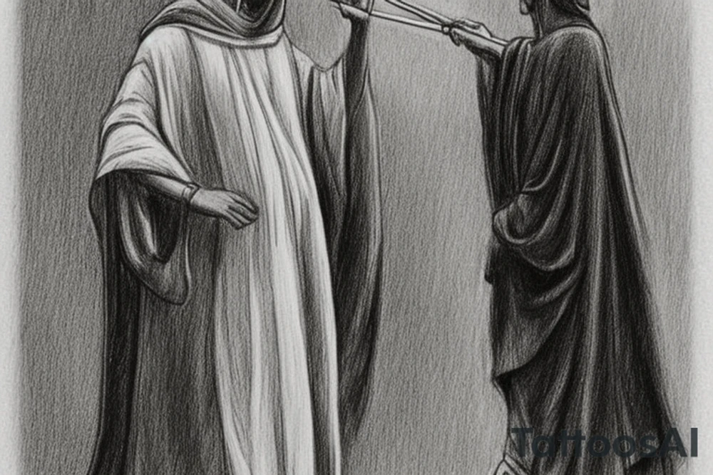 The man is dressed in simple clothes that are typical of the first century. He is wearing a long tunic, a hooded thick cloak, and sandals. His wears a tunica with a white fabric around this head. He is holding a thick staff in his left hand and is walking to the left. The background is blank.

The drawing is done in black lines on a blank background. The lines are simple and delicate, and they capture the man's thin, wiry frame. He seems to be lost in thought as he walks to the left.

The drawing has a sense of timelessness. The man's clothes and hairstyle are typical of the first century, but the drawing could have been made any time in the past 2,000 years. The blank background also contributes to the sense of timelessness. The man is walking facing the left. tattoo idea