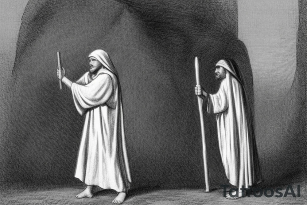 The man is dressed in simple clothes that are typical of the first century. He is wearing a long tunic, a hooded thick cloak, and sandals. His wears a tunica with a white fabric around this head. He is holding a thick staff in his left hand and is walking to the left. The background is blank.

The drawing is done in black lines on a blank background. The lines are simple and delicate, and they capture the man's thin, wiry frame. He seems to be lost in thought as he walks to the left.

The drawing has a sense of timelessness. The man's clothes and hairstyle are typical of the first century, but the drawing could have been made any time in the past 2,000 years. The blank background also contributes to the sense of timelessness. The man is walking facing the left. tattoo idea