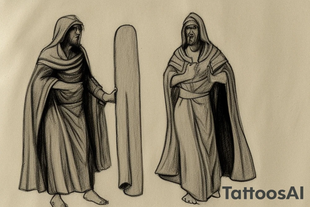 The man is dressed in simple clothes that are typical of the first century. He is wearing a long tunic, a hooded thick cloak, and sandals. His wears a tunica with a white fabric around this head. He is holding a thick staff in his left hand and is walking to the left. The background is blank.

The drawing is done in black lines on a blank background. The lines are simple and delicate, and they capture the man's thin, wiry frame. He seems to be lost in thought as he walks to the left.

The drawing has a sense of timelessness. The man's clothes and hairstyle are typical of the first century, but the drawing could have been made any time in the past 2,000 years. The blank background also contributes to the sense of timelessness. The man is walking facing the left. tattoo idea