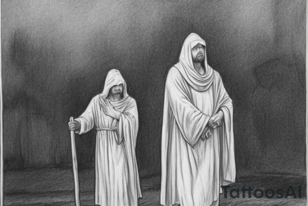 The man is dressed in simple clothes that are typical of the first century. He is wearing a long tunic, a hooded thick cloak, and sandals. His wears a tunica with a white fabric around this head. He is holding a thick staff in his left hand and is walking to the left. The background is blank.

The drawing is done in black lines on a blank background. The lines are simple and delicate, and they capture the man's thin, wiry frame. He seems to be lost in thought as he walks to the left.

The drawing has a sense of timelessness. The man's clothes and hairstyle are typical of the first century, but the drawing could have been made any time in the past 2,000 years. The blank background also contributes to the sense of timelessness. The man is walking facing the left. tattoo idea