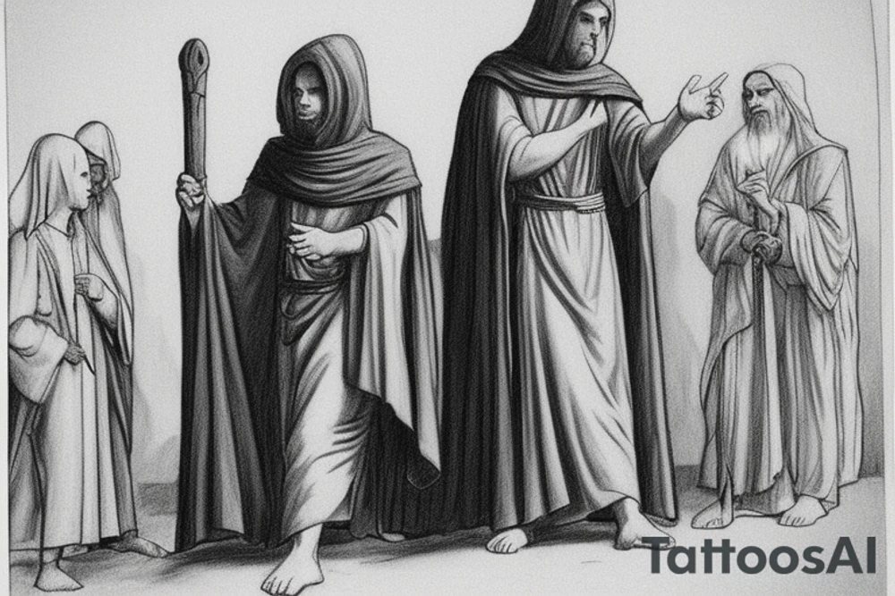The man is dressed in simple clothes that are typical of the first century. He is wearing a long tunic, a hooded thick cloak, and sandals. His wears a tunica with a white fabric around this head. He is holding a thick staff in his left hand and is walking to the left. The background is blank.

The drawing is done in black lines on a blank background. The lines are simple and delicate, and they capture the man's thin, wiry frame. He seems to be lost in thought as he walks to the left.

The drawing has a sense of timelessness. The man's clothes and hairstyle are typical of the first century, but the drawing could have been made any time in the past 2,000 years. The blank background also contributes to the sense of timelessness. The man is walking facing the left. tattoo idea