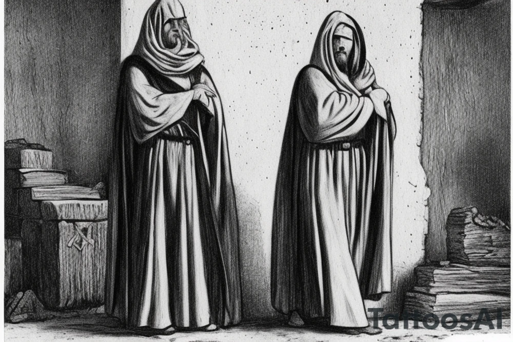 The man is dressed in simple clothes that are typical of the first century. He is wearing a long tunic, a hooded thick cloak, and sandals. His wears a tunica with a white fabric around this head. He is holding a thick staff in his left hand and is walking to the left. The background is blank.

The drawing is done in black lines on a blank background. The lines are simple and delicate, and they capture the man's thin, wiry frame. He seems to be lost in thought as he walks to the left.

The drawing has a sense of timelessness. The man's clothes and hairstyle are typical of the first century, but the drawing could have been made any time in the past 2,000 years. The blank background also contributes to the sense of timelessness. The man is walking facing the left. tattoo idea
