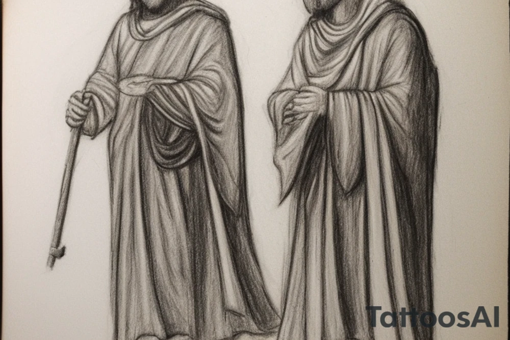 The man is dressed in simple clothes that are typical of the first century. He is wearing a long tunic, a hooded thick cloak, and sandals. His wears a tunica with a white fabric around this head. He is holding a thick staff in his left hand and is walking to the left. The background is blank.

The drawing is done in black lines on a blank background. The lines are simple and delicate, and they capture the man's thin, wiry frame. He seems to be lost in thought as he walks to the left.

The drawing has a sense of timelessness. The man's clothes and hairstyle are typical of the first century, but the drawing could have been made any time in the past 2,000 years. The blank background also contributes to the sense of timelessness. The man is walking facing the left. tattoo idea