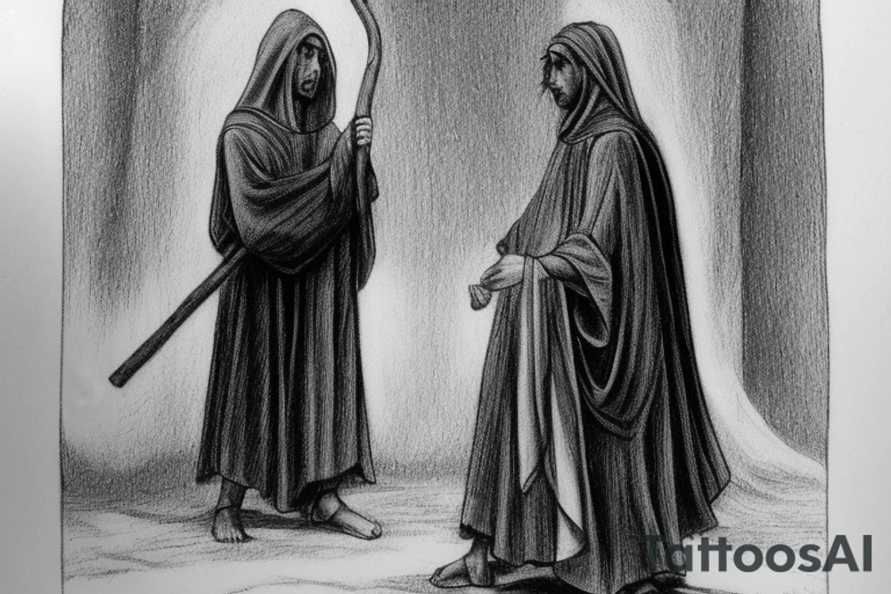 The man is dressed in simple clothes that are typical of the first century. He is wearing a long tunic, a hooded thick cloak, and sandals. His wears a tunica with a white fabric around this head. He is holding a thick staff in his left hand and is walking to the left. The background is blank.

The drawing is done in black lines on a blank background. The lines are simple and delicate, and they capture the man's thin, wiry frame. He seems to be lost in thought as he walks to the left.

The drawing has a sense of timelessness. The man's clothes and hairstyle are typical of the first century, but the drawing could have been made any time in the past 2,000 years. The blank background also contributes to the sense of timelessness. The man is walking facing the left. tattoo idea