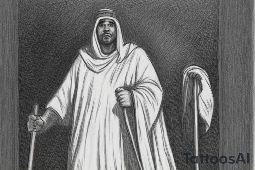 The man is dressed in simple clothes that are typical of the first century. He is wearing a long tunic, a hooded thick cloak, and sandals. His wears a tunica with a white fabric around this head. He is holding a thick staff in his left hand and is walking to the left. The background is blank.

The drawing is done in black lines on a blank background. The lines are simple and delicate, and they capture the man's thin, wiry frame. He seems to be lost in thought as he walks to the left.

The drawing has a sense of timelessness. The man's clothes and hairstyle are typical of the first century, but the drawing could have been made any time in the past 2,000 years. The blank background also contributes to the sense of timelessness. The man is walking facing the left. tattoo idea