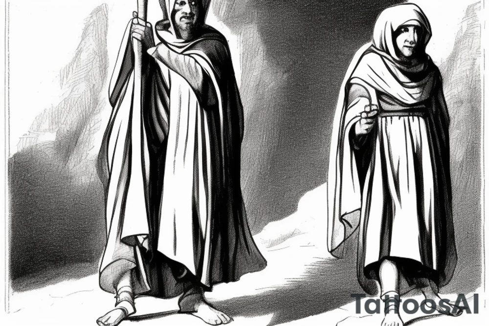 The man is dressed in simple clothes that are typical of the first century. He is wearing a long tunic, a hooded thick cloak, and sandals. His wears a tunica with a white fabric around this head. He is holding a thick staff in his left hand and is walking to the left. The background is blank.

The drawing is done in black lines on a blank background. The lines are simple and delicate, and they capture the man's thin, wiry frame. He seems to be lost in thought as he walks to the left.

The drawing has a sense of timelessness. The man's clothes and hairstyle are typical of the first century, but the drawing could have been made any time in the past 2,000 years. The blank background also contributes to the sense of timelessness. The man is walking facing the left. tattoo idea