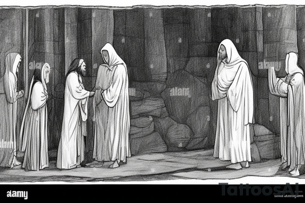 The man is dressed in simple clothes that are typical of the first century. He is wearing a long tunic, a hooded thick cloak, and sandals. His wears a tunica with a white fabric around this head. He is holding a thick staff in his left hand and is walking to the left. The background is blank.

The drawing is done in black lines on a blank background. The lines are simple and delicate, and they capture the man's thin, wiry frame. He seems to be lost in thought as he walks to the left.

The drawing has a sense of timelessness. The man's clothes and hairstyle are typical of the first century, but the drawing could have been made any time in the past 2,000 years. The blank background also contributes to the sense of timelessness. The man is walking facing the left. tattoo idea