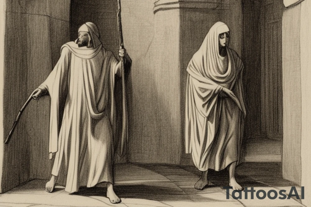 The man is dressed in simple clothes that are typical of the first century. He is wearing a long tunic, a hooded thick cloak, and sandals. His wears a tunica with a white fabric around this head. He is holding a thick staff in his left hand and is walking to the left. The background is blank.

The drawing is done in black lines on a blank background. The lines are simple and delicate, and they capture the man's thin, wiry frame. He seems to be lost in thought as he walks to the left.

The drawing has a sense of timelessness. The man's clothes and hairstyle are typical of the first century, but the drawing could have been made any time in the past 2,000 years. The blank background also contributes to the sense of timelessness. The man is walking facing the left. tattoo idea