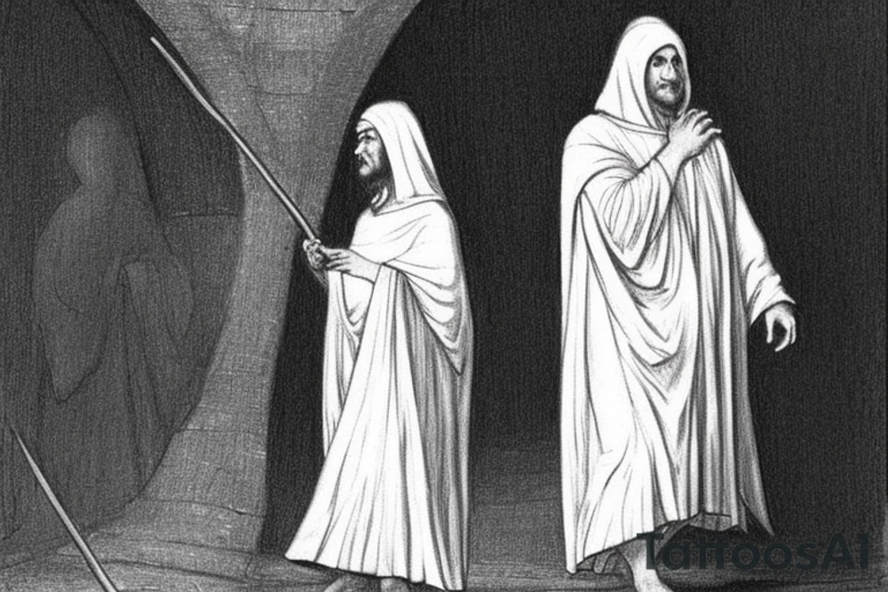 The man is dressed in simple clothes that are typical of the first century. He is wearing a long tunic, a hooded thick cloak, and sandals. His wears a tunica with a white fabric around this head. He is holding a thick staff in his left hand and is walking to the left. The background is blank.

The drawing is done in black lines on a blank background. The lines are simple and delicate, and they capture the man's thin, wiry frame. He seems to be lost in thought as he walks to the left.

The drawing has a sense of timelessness. The man's clothes and hairstyle are typical of the first century, but the drawing could have been made any time in the past 2,000 years. The blank background also contributes to the sense of timelessness. The man is walking facing the left. tattoo idea