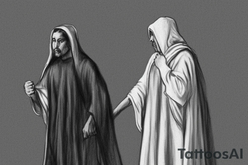 The man is dressed in simple clothes that are typical of the first century. He is wearing a long tunic, a hooded thick cloak, and sandals. His wears a tunica with a white fabric around this head. He is holding a thick staff in his left hand and is walking to the left. The background is blank.

The drawing is done in black lines on a blank background. The lines are simple and delicate, and they capture the man's thin, wiry frame. He seems to be lost in thought as he walks to the left.

The drawing has a sense of timelessness. The man's clothes and hairstyle are typical of the first century, but the drawing could have been made any time in the past 2,000 years. The blank background also contributes to the sense of timelessness. The man is walking facing the left. tattoo idea