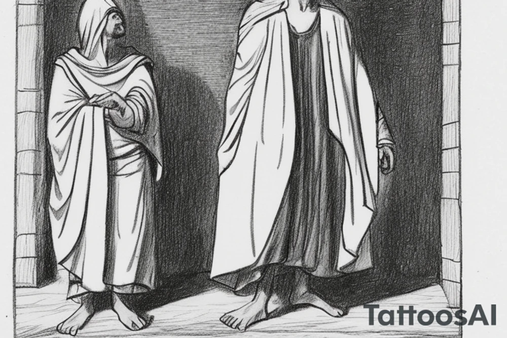 The man is dressed in simple clothes that are typical of the first century. He is wearing a long tunic, a hooded thick cloak, and sandals. His wears a tunica with a white fabric around this head. He is holding a thick staff in his left hand and is walking to the left. The background is blank.

The drawing is done in black lines on a blank background. The lines are simple and delicate, and they capture the man's thin, wiry frame. He seems to be lost in thought as he walks to the left.

The drawing has a sense of timelessness. The man's clothes and hairstyle are typical of the first century, but the drawing could have been made any time in the past 2,000 years. The blank background also contributes to the sense of timelessness. The man is walking facing the left. tattoo idea