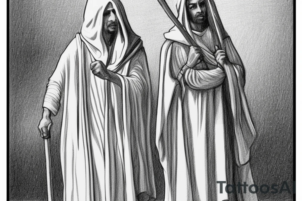 The man is dressed in simple clothes that are typical of the first century. He is wearing a long tunic, a hooded thick cloak, and sandals. His wears a tunica with a white fabric around this head. He is holding a thick staff in his left hand and is walking to the left. The background is blank.

The drawing is done in black lines on a blank background. The lines are simple and delicate, and they capture the man's thin, wiry frame. He seems to be lost in thought as he walks to the left.

The drawing has a sense of timelessness. The man's clothes and hairstyle are typical of the first century, but the drawing could have been made any time in the past 2,000 years. The blank background also contributes to the sense of timelessness. The man is walking facing the left. tattoo idea