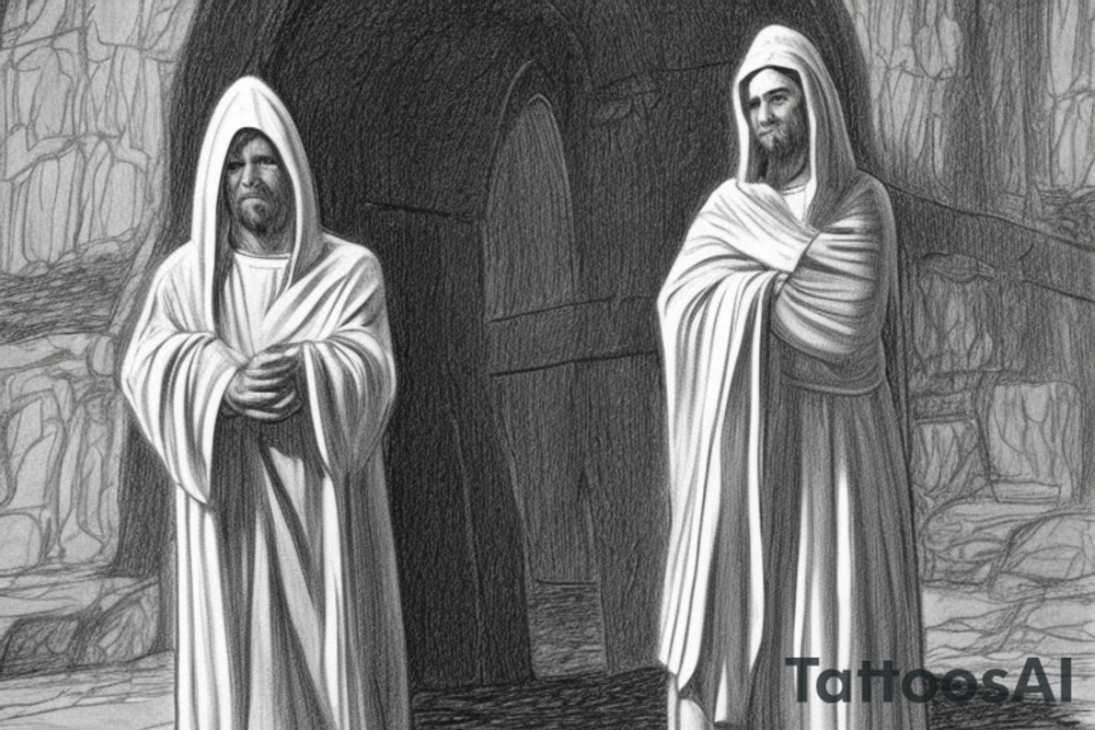 The man is dressed in simple clothes that are typical of the first century. He is wearing a long tunic, a hooded thick cloak, and sandals. His wears a tunica with a white fabric around this head. He is holding a thick staff in his left hand and is walking to the left. The background is blank.

The drawing is done in black lines on a blank background. The lines are simple and delicate, and they capture the man's thin, wiry frame. He seems to be lost in thought as he walks to the left.

The drawing has a sense of timelessness. The man's clothes and hairstyle are typical of the first century, but the drawing could have been made any time in the past 2,000 years. The blank background also contributes to the sense of timelessness. The man is walking facing the left. tattoo idea