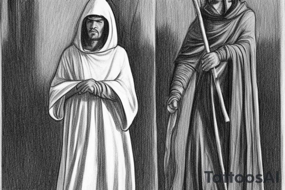 The man is dressed in simple clothes that are typical of the first century. He is wearing a long tunic, a hooded thick cloak, and sandals. His wears a tunica with a white fabric around this head. He is holding a thick staff in his left hand and is walking to the left. The background is blank.

The drawing is done in black lines on a blank background. The lines are simple and delicate, and they capture the man's thin, wiry frame. He seems to be lost in thought as he walks to the left.

The drawing has a sense of timelessness. The man's clothes and hairstyle are typical of the first century, but the drawing could have been made any time in the past 2,000 years. The blank background also contributes to the sense of timelessness. The man is walking facing the left. tattoo idea