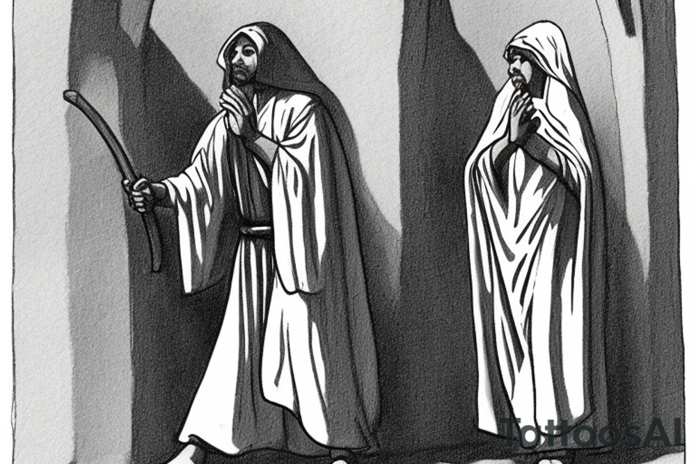 The man is dressed in simple clothes that are typical of the first century. He is wearing a long tunic, a hooded thick cloak, and sandals. His wears a tunica with a white fabric around this head. He is holding a thick staff in his left hand and is walking to the left. The background is blank.

The drawing is done in black lines on a blank background. The lines are simple and delicate, and they capture the man's thin, wiry frame. He seems to be lost in thought as he walks to the left.

The drawing has a sense of timelessness. The man's clothes and hairstyle are typical of the first century, but the drawing could have been made any time in the past 2,000 years. The blank background also contributes to the sense of timelessness. The man is walking facing the left. tattoo idea