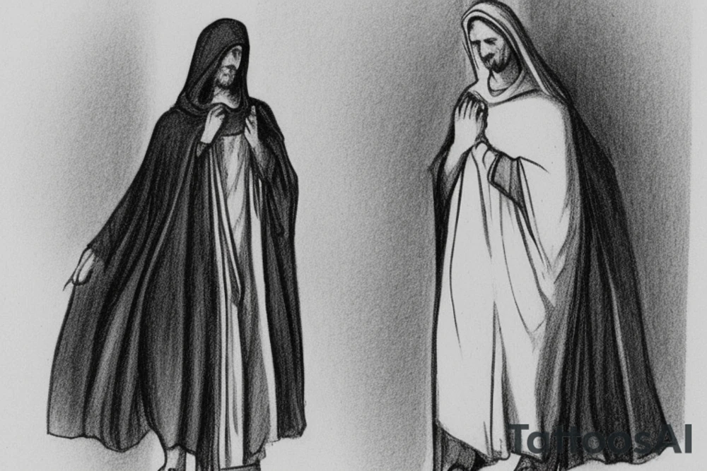 The man is dressed in simple clothes that are typical of the first century. He is wearing a long tunic, a hooded thick cloak, and sandals. His wears a tunica with a white fabric around this head. He is holding a thick staff in his left hand and is walking to the left. The background is blank.

The drawing is done in black lines on a blank background. The lines are simple and delicate, and they capture the man's thin, wiry frame. He seems to be lost in thought as he walks to the left.

The drawing has a sense of timelessness. The man's clothes and hairstyle are typical of the first century, but the drawing could have been made any time in the past 2,000 years. The blank background also contributes to the sense of timelessness. The man is walking facing the left. tattoo idea