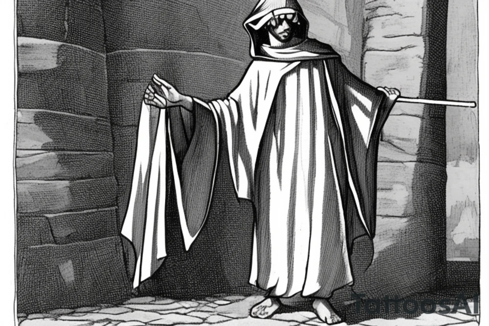 The man is dressed in simple clothes that are typical of the first century. He is wearing a long tunic, a hooded thick cloak, and sandals. His wears a tunica with a white fabric around this head. He is holding a thick staff in his left hand and is walking to the left. The background is blank.

The drawing is done in black lines on a blank background. The lines are simple and delicate, and they capture the man's thin, wiry frame. He seems to be lost in thought as he walks to the left.

The drawing has a sense of timelessness. The man's clothes and hairstyle are typical of the first century, but the drawing could have been made any time in the past 2,000 years. The blank background also contributes to the sense of timelessness. The man is walking facing the left. tattoo idea