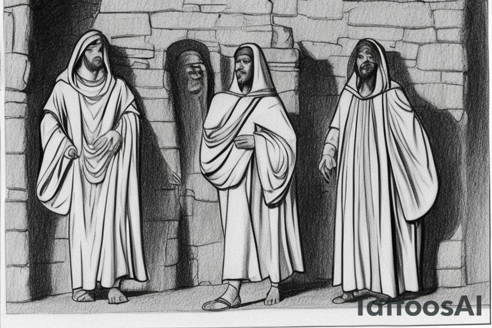 The man is dressed in simple clothes that are typical of the first century. He is wearing a long tunic, a hooded thick cloak, and sandals. His wears a tunica with a white fabric around this head. He is holding a thick staff in his left hand and is walking to the left. The background is blank.

The drawing is done in black lines on a blank background. The lines are simple and delicate, and they capture the man's thin, wiry frame. He seems to be lost in thought as he walks to the left.

The drawing has a sense of timelessness. The man's clothes and hairstyle are typical of the first century, but the drawing could have been made any time in the past 2,000 years. The blank background also contributes to the sense of timelessness. The man is walking facing the left. tattoo idea