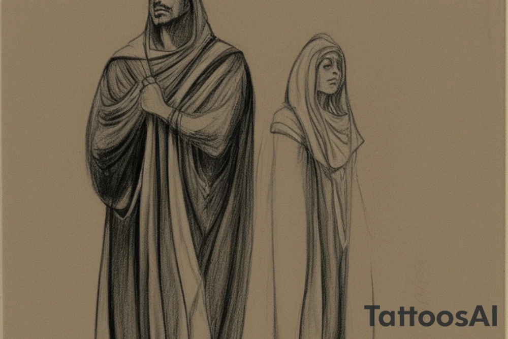 The man is dressed in simple clothes that are typical of the first century. He is wearing a long tunic, a hooded thick cloak, and sandals. His wears a tunica with a white fabric around this head. He is holding a thick staff in his left hand and is walking to the left. The background is blank.

The drawing is done in black lines on a blank background. The lines are simple and delicate, and they capture the man's thin, wiry frame. He seems to be lost in thought as he walks to the left.

The drawing has a sense of timelessness. The man's clothes and hairstyle are typical of the first century, but the drawing could have been made any time in the past 2,000 years. The blank background also contributes to the sense of timelessness. The man is walking facing the left. tattoo idea