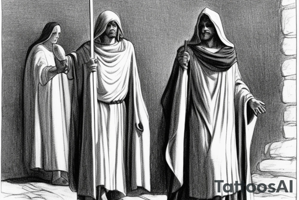 The man is dressed in simple clothes that are typical of the first century. He is wearing a long tunic, a hooded thick cloak, and sandals. His wears a tunica with a white fabric around this head. He is holding a thick staff in his left hand and is walking to the left. The background is blank.

The drawing is done in black lines on a blank background. The lines are simple and delicate, and they capture the man's thin, wiry frame. He seems to be lost in thought as he walks to the left.

The drawing has a sense of timelessness. The man's clothes and hairstyle are typical of the first century, but the drawing could have been made any time in the past 2,000 years. The blank background also contributes to the sense of timelessness. The man is walking facing the left. tattoo idea