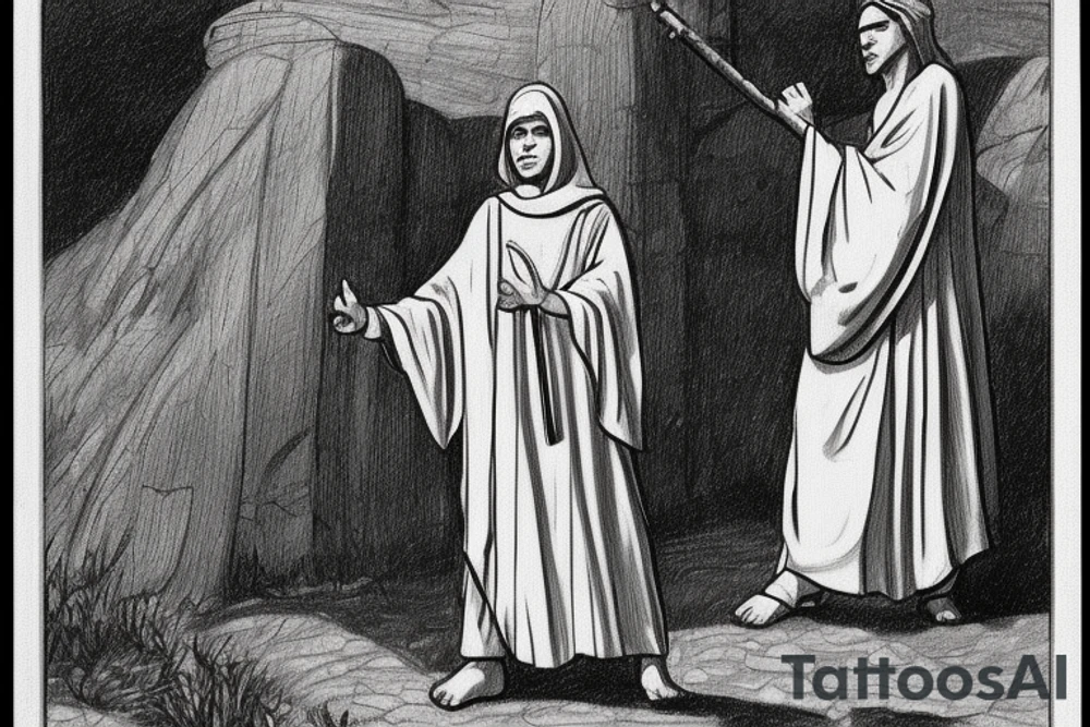 The man is dressed in simple clothes that are typical of the first century. He is wearing a long tunic, a hooded thick cloak, and sandals. His wears a tunica with a white fabric around this head. He is holding a thick staff in his left hand and is walking to the left. The background is blank.

The drawing is done in black lines on a blank background. The lines are simple and delicate, and they capture the man's thin, wiry frame. He seems to be lost in thought as he walks to the left.

The drawing has a sense of timelessness. The man's clothes and hairstyle are typical of the first century, but the drawing could have been made any time in the past 2,000 years. The blank background also contributes to the sense of timelessness. The man is walking facing the left. tattoo idea