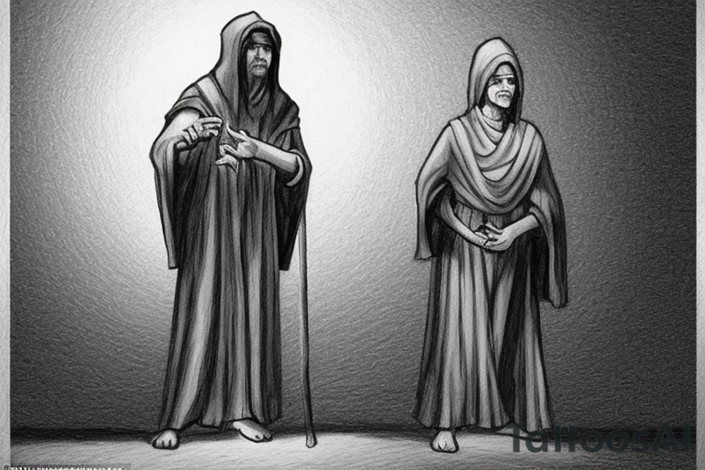 The man is dressed in simple clothes that are typical of the first century. He is wearing a long tunic, a hooded thick cloak, and sandals. His wears a tunica with a white fabric around this head. He is holding a thick staff in his left hand and is walking to the left. The background is blank.

The drawing is done in black lines on a blank background. The lines are simple and delicate, and they capture the man's thin, wiry frame. He seems to be lost in thought as he walks to the left.

The drawing has a sense of timelessness. The man's clothes and hairstyle are typical of the first century, but the drawing could have been made any time in the past 2,000 years. The blank background also contributes to the sense of timelessness. The man is walking facing the left. tattoo idea