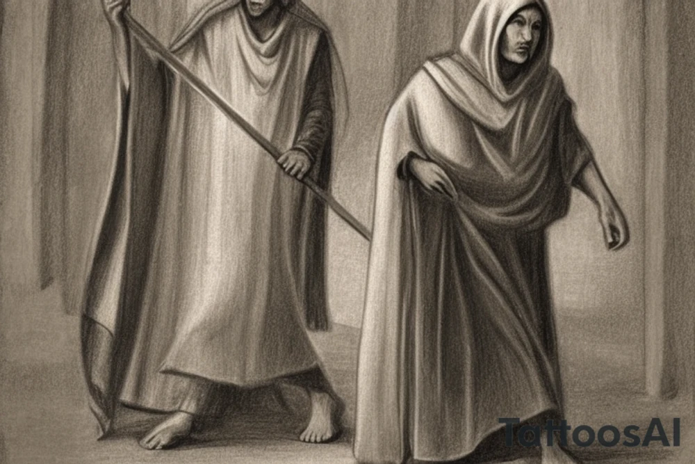 The man is dressed in simple clothes that are typical of the first century. He is wearing a long tunic, a hooded thick cloak, and sandals. His wears a tunica with a white fabric around this head. He is holding a thick staff in his left hand and is walking to the left. The background is blank.

The drawing is done in black lines on a blank background. The lines are simple and delicate, and they capture the man's thin, wiry frame. He seems to be lost in thought as he walks to the left.

The drawing has a sense of timelessness. The man's clothes and hairstyle are typical of the first century, but the drawing could have been made any time in the past 2,000 years. The blank background also contributes to the sense of timelessness. The man is walking facing the left. tattoo idea