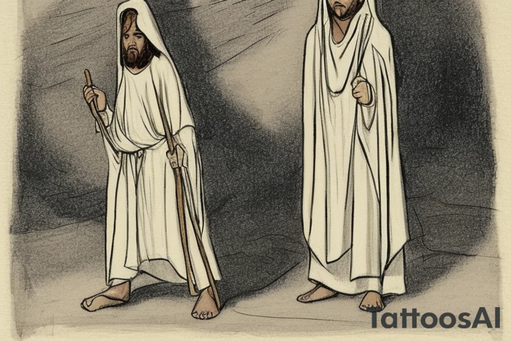 The man is dressed in simple clothes that are typical of the first century. He is wearing a long tunic, a hooded thick cloak, and sandals. His wears a tunica with a white fabric around this head. He is holding a thick staff in his left hand and is walking to the left. The background is blank.

The drawing is done in black lines on a blank background. The lines are simple and delicate, and they capture the man's thin, wiry frame. He seems to be lost in thought as he walks to the left.

The drawing has a sense of timelessness. The man's clothes and hairstyle are typical of the first century, but the drawing could have been made any time in the past 2,000 years. The blank background also contributes to the sense of timelessness. The man is walking facing the left. tattoo idea