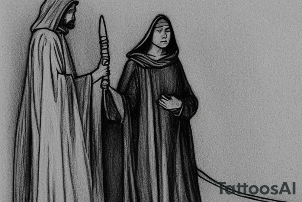 The man is dressed in simple clothes that are typical of the first century. He is wearing a long tunic, a hooded thick cloak, and sandals. His wears a tunica with a white fabric around this head. He is holding a thick staff in his left hand and is walking to the left. The background is blank.

The drawing is done in black lines on a blank background. The lines are simple and delicate, and they capture the man's thin, wiry frame. He seems to be lost in thought as he walks to the left.

The drawing has a sense of timelessness. The man's clothes and hairstyle are typical of the first century, but the drawing could have been made any time in the past 2,000 years. The blank background also contributes to the sense of timelessness. The man is walking facing the left. tattoo idea