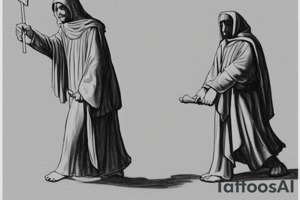 The man is dressed in simple clothes that are typical of the first century. He is wearing a long tunic, a hooded thick cloak, and sandals. His wears a tunica with a white fabric around this head. He is holding a thick staff in his left hand and is walking to the left. The background is blank.

The drawing is done in black lines on a blank background. The lines are simple and delicate, and they capture the man's thin, wiry frame. He seems to be lost in thought as he walks to the left.

The drawing has a sense of timelessness. The man's clothes and hairstyle are typical of the first century, but the drawing could have been made any time in the past 2,000 years. The blank background also contributes to the sense of timelessness. The man is walking facing the left. tattoo idea