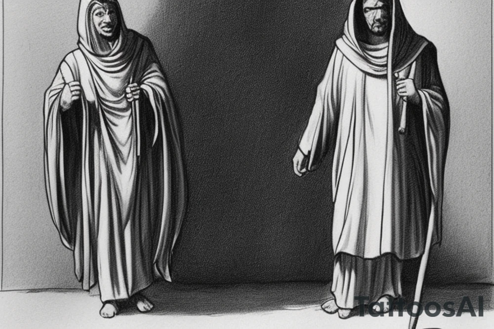 The man is dressed in simple clothes that are typical of the first century. He is wearing a long tunic, a hooded thick cloak, and sandals. His wears a tunica with a white fabric around this head. He is holding a thick staff in his left hand and is walking to the left. The background is blank.

The drawing is done in black lines on a blank background. The lines are simple and delicate, and they capture the man's thin, wiry frame. He seems to be lost in thought as he walks to the left.

The drawing has a sense of timelessness. The man's clothes and hairstyle are typical of the first century, but the drawing could have been made any time in the past 2,000 years. The blank background also contributes to the sense of timelessness. The man is walking facing the left. tattoo idea