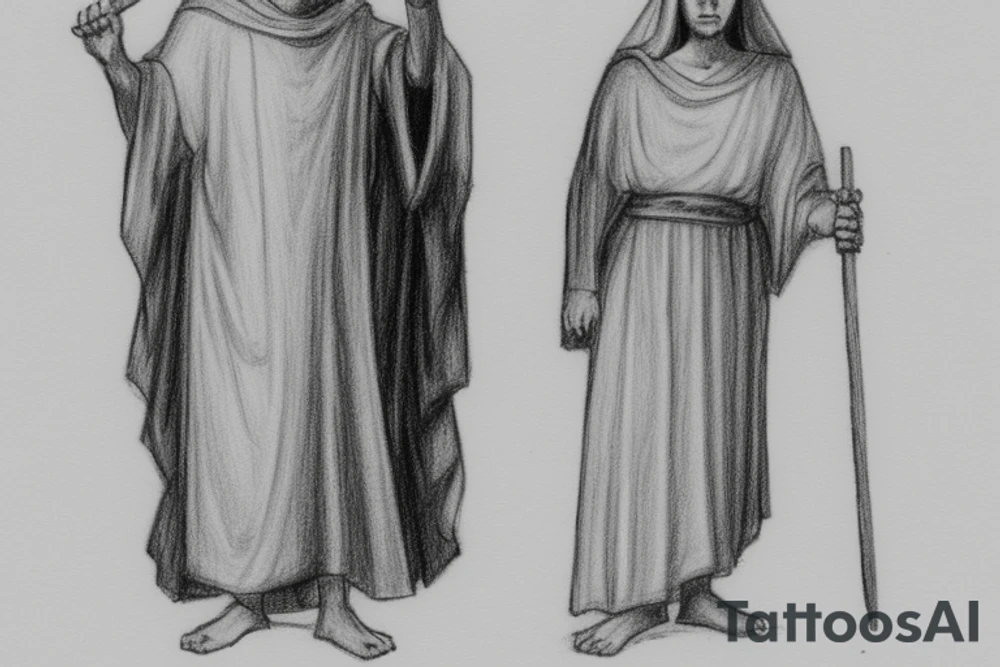 The man is dressed in simple clothes that are typical of the first century. He is wearing a long tunic, a hooded thick cloak, and sandals. His wears a tunica with a white fabric around this head. He is holding a thick staff in his left hand and is walking to the left. The background is blank.

The drawing is done in black lines on a blank background. The lines are simple and delicate, and they capture the man's thin, wiry frame. He seems to be lost in thought as he walks to the left.

The drawing has a sense of timelessness. The man's clothes and hairstyle are typical of the first century, but the drawing could have been made any time in the past 2,000 years. The blank background also contributes to the sense of timelessness. The man is walking facing the left. tattoo idea