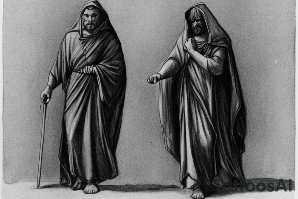 The man is dressed in simple clothes that are typical of the first century. He is wearing a long tunic, a hooded thick cloak, and sandals. His wears a tunica with a white fabric around this head. He is holding a thick staff in his left hand and is walking to the left. The background is blank.

The drawing is done in black lines on a blank background. The lines are simple and delicate, and they capture the man's thin, wiry frame. He seems to be lost in thought as he walks to the left.

The drawing has a sense of timelessness. The man's clothes and hairstyle are typical of the first century, but the drawing could have been made any time in the past 2,000 years. The blank background also contributes to the sense of timelessness. The man is walking facing the left. tattoo idea