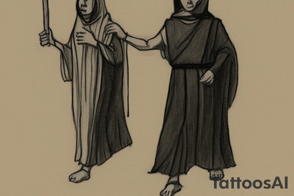 The man is dressed in simple clothes that are typical of the first century. He is wearing a long tunic, a hooded thick cloak, and sandals. His wears a tunica with a white fabric around this head. He is holding a thick staff in his left hand and is walking to the left. The background is blank.

The drawing is done in black lines on a blank background. The lines are simple and delicate, and they capture the man's thin, wiry frame. He seems to be lost in thought as he walks to the left.

The drawing has a sense of timelessness. The man's clothes and hairstyle are typical of the first century, but the drawing could have been made any time in the past 2,000 years. The blank background also contributes to the sense of timelessness. The man is walking facing the left. tattoo idea