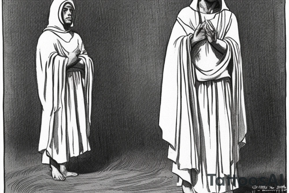 The man is dressed in simple clothes that are typical of the first century. He is wearing a long tunic, a hooded thick cloak, and sandals. His wears a tunica with a white fabric around this head. He is holding a thick staff in his left hand and is walking to the left. The background is blank.

The drawing is done in black lines on a blank background. The lines are simple and delicate, and they capture the man's thin, wiry frame. He seems to be lost in thought as he walks to the left.

The drawing has a sense of timelessness. The man's clothes and hairstyle are typical of the first century, but the drawing could have been made any time in the past 2,000 years. The blank background also contributes to the sense of timelessness. The man is walking facing the left. tattoo idea
