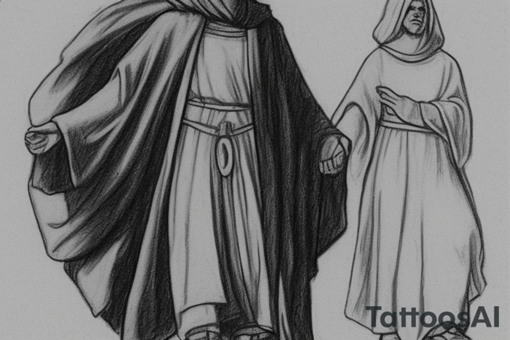 The man is dressed in simple clothes that are typical of the first century. He is wearing a long tunic, a hooded thick cloak, and sandals. His wears a tunica with a white fabric around this head. He is holding a thick staff in his left hand and is walking to the left. The background is blank.

The drawing is done in black lines on a blank background. The lines are simple and delicate, and they capture the man's thin, wiry frame. He seems to be lost in thought as he walks to the left.

The drawing has a sense of timelessness. The man's clothes and hairstyle are typical of the first century, but the drawing could have been made any time in the past 2,000 years. The blank background also contributes to the sense of timelessness. The man is walking facing the left. tattoo idea