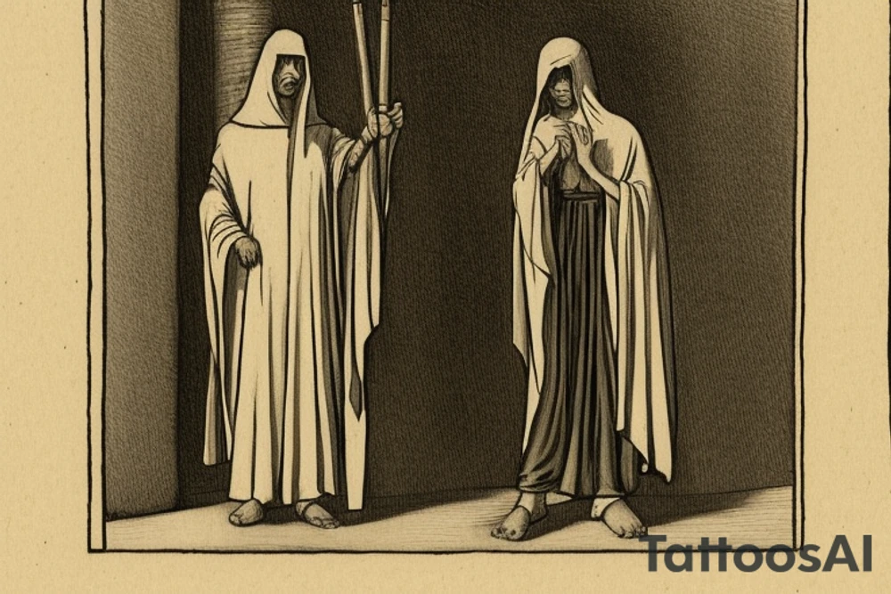 The man is dressed in simple clothes that are typical of the first century. He is wearing a long tunic, a hooded thick cloak, and sandals. His wears a tunica with a white fabric around this head. He is holding a thick staff in his left hand and is walking to the left. The background is blank.

The drawing is done in black lines on a blank background. The lines are simple and delicate, and they capture the man's thin, wiry frame. He seems to be lost in thought as he walks to the left.

The drawing has a sense of timelessness. The man's clothes and hairstyle are typical of the first century, but the drawing could have been made any time in the past 2,000 years. The blank background also contributes to the sense of timelessness. The man is walking facing the left. tattoo idea