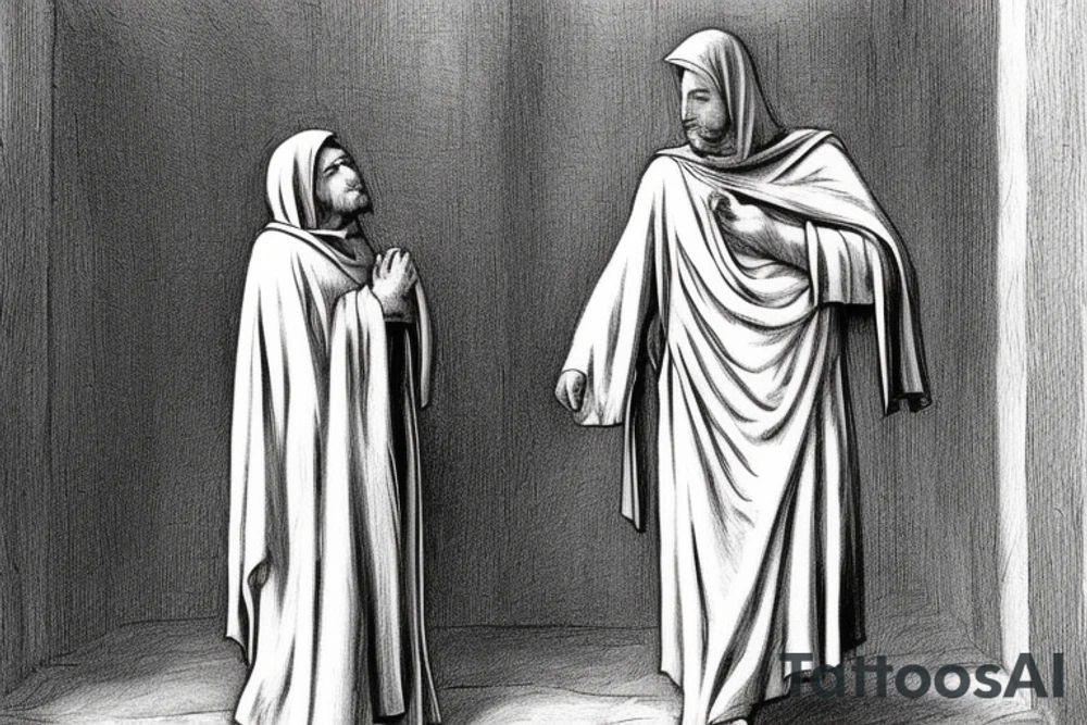 The man is dressed in simple clothes that are typical of the first century. He is wearing a long tunic, a hooded thick cloak, and sandals. His wears a tunica with a white fabric around this head. He is holding a thick staff in his left hand and is walking to the left. The background is blank.

The drawing is done in black lines on a blank background. The lines are simple and delicate, and they capture the man's thin, wiry frame. He seems to be lost in thought as he walks to the left.

The drawing has a sense of timelessness. The man's clothes and hairstyle are typical of the first century, but the drawing could have been made any time in the past 2,000 years. The blank background also contributes to the sense of timelessness. The man is walking facing the left. tattoo idea