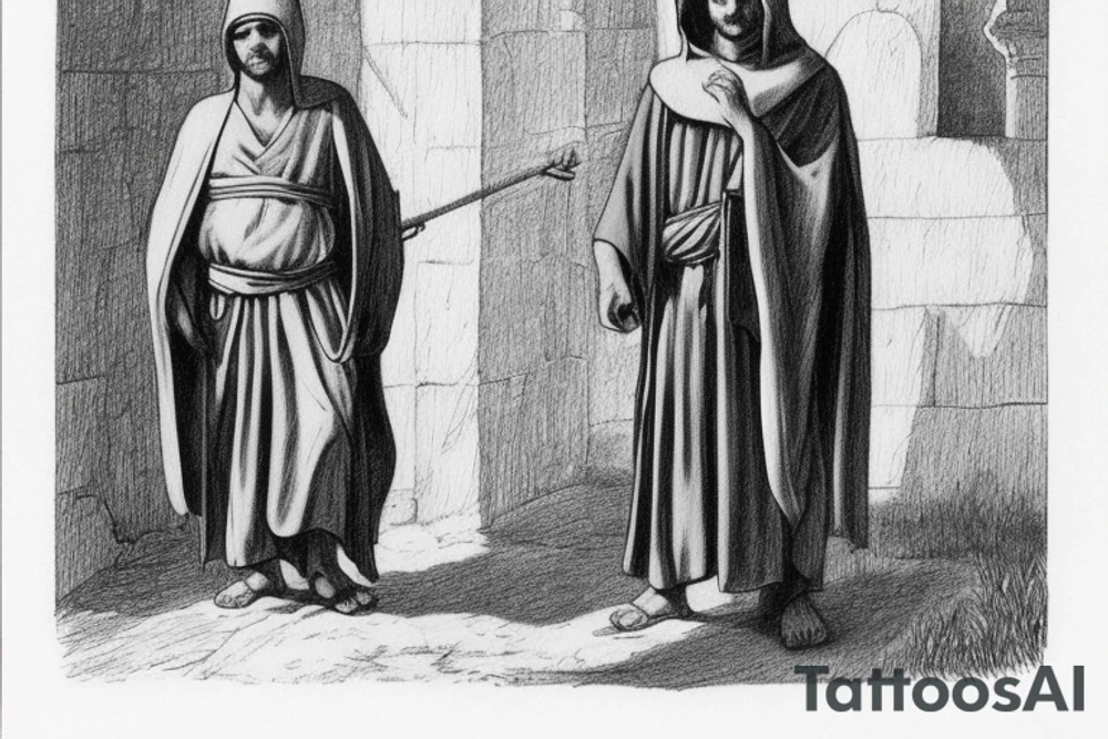 The man is dressed in simple clothes that are typical of the first century. He is wearing a long tunic, a hooded thick cloak, and sandals. His wears a tunica with a white fabric around this head. He is holding a thick staff in his left hand and is walking to the left. The background is blank.

The drawing is done in black lines on a blank background. The lines are simple and delicate, and they capture the man's thin, wiry frame. He seems to be lost in thought as he walks to the left.

The drawing has a sense of timelessness. The man's clothes and hairstyle are typical of the first century, but the drawing could have been made any time in the past 2,000 years. The blank background also contributes to the sense of timelessness. The man is walking facing the left. tattoo idea