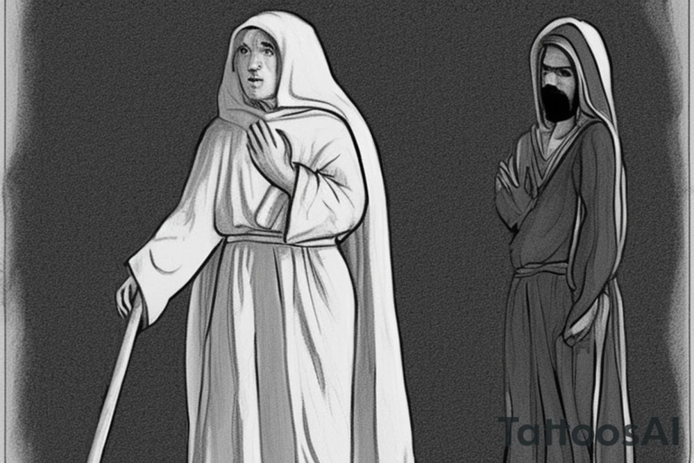 The man is dressed in simple clothes that are typical of the first century. He is wearing a long tunic, a hooded thick cloak, and sandals. His wears a tunica with a white fabric around this head. He is holding a thick staff in his left hand and is walking to the left. The background is blank.

The drawing is done in black lines on a blank background. The lines are simple and delicate, and they capture the man's thin, wiry frame. He seems to be lost in thought as he walks to the left.

The drawing has a sense of timelessness. The man's clothes and hairstyle are typical of the first century, but the drawing could have been made any time in the past 2,000 years. The blank background also contributes to the sense of timelessness. The man is walking facing the left. tattoo idea