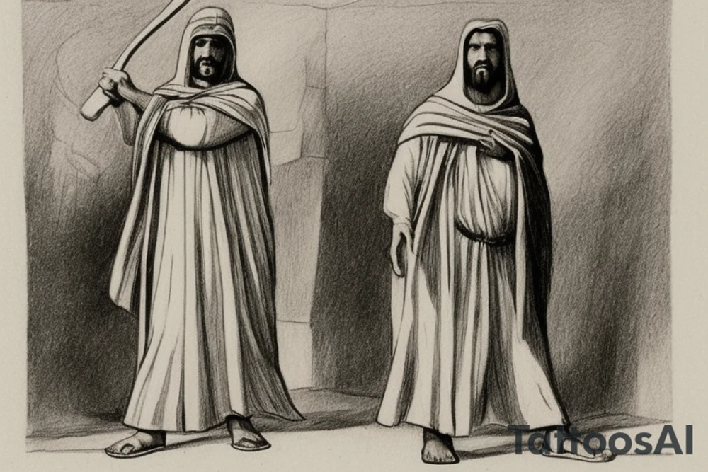 The man is dressed in simple clothes that are typical of the first century. He is wearing a long tunic, a hooded thick cloak, and sandals. His wears a tunica with a white fabric around this head. He is holding a thick staff in his left hand and is walking to the left. The background is blank.

The drawing is done in black lines on a blank background. The lines are simple and delicate, and they capture the man's thin, wiry frame. He seems to be lost in thought as he walks to the left.

The drawing has a sense of timelessness. The man's clothes and hairstyle are typical of the first century, but the drawing could have been made any time in the past 2,000 years. The blank background also contributes to the sense of timelessness. The man is walking facing the left. tattoo idea