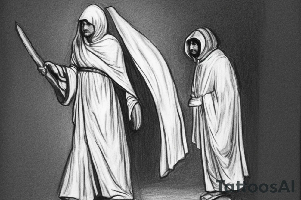 The man is dressed in simple clothes that are typical of the first century. He is wearing a long tunic, a hooded thick cloak, and sandals. His wears a tunica with a white fabric around this head. He is holding a thick staff in his left hand and is walking to the left. The background is blank.

The drawing is done in black lines on a blank background. The lines are simple and delicate, and they capture the man's thin, wiry frame. He seems to be lost in thought as he walks to the left.

The drawing has a sense of timelessness. The man's clothes and hairstyle are typical of the first century, but the drawing could have been made any time in the past 2,000 years. The blank background also contributes to the sense of timelessness. The man is walking facing the left. tattoo idea