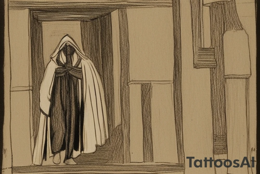 The man is dressed in simple clothes that are typical of the first century. He is wearing a long tunic, a hooded thick cloak, and sandals. His wears a tunica with a white fabric around this head. He is holding a thick staff in his left hand and is walking to the left. The background is blank.

The drawing is done in black lines on a blank background. The lines are simple and delicate, and they capture the man's thin, wiry frame. He seems to be lost in thought as he walks to the left.

The drawing has a sense of timelessness. The man's clothes and hairstyle are typical of the first century, but the drawing could have been made any time in the past 2,000 years. The blank background also contributes to the sense of timelessness. The man is walking facing the left. tattoo idea