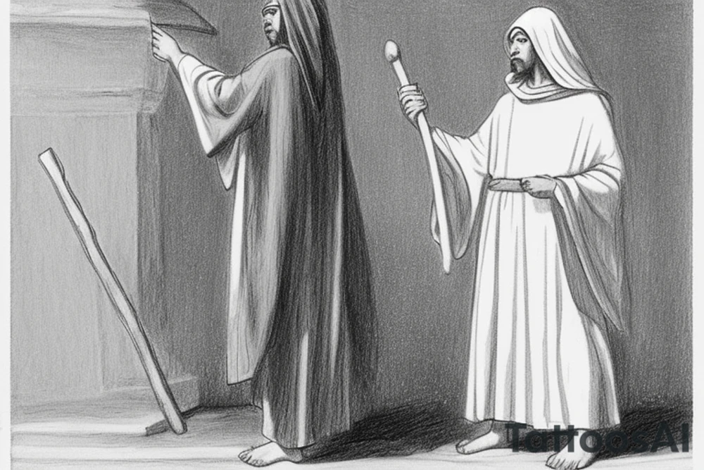 The man is dressed in simple clothes that are typical of the first century. He is wearing a long tunic, a hooded thick cloak, and sandals. His wears a tunica with a white fabric around this head. He is holding a thick staff in his left hand and is walking to the left. The background is blank.

The drawing is done in black lines on a blank background. The lines are simple and delicate, and they capture the man's thin, wiry frame. He seems to be lost in thought as he walks to the left.

The drawing has a sense of timelessness. The man's clothes and hairstyle are typical of the first century, but the drawing could have been made any time in the past 2,000 years. The blank background also contributes to the sense of timelessness. The man is walking facing the left. tattoo idea